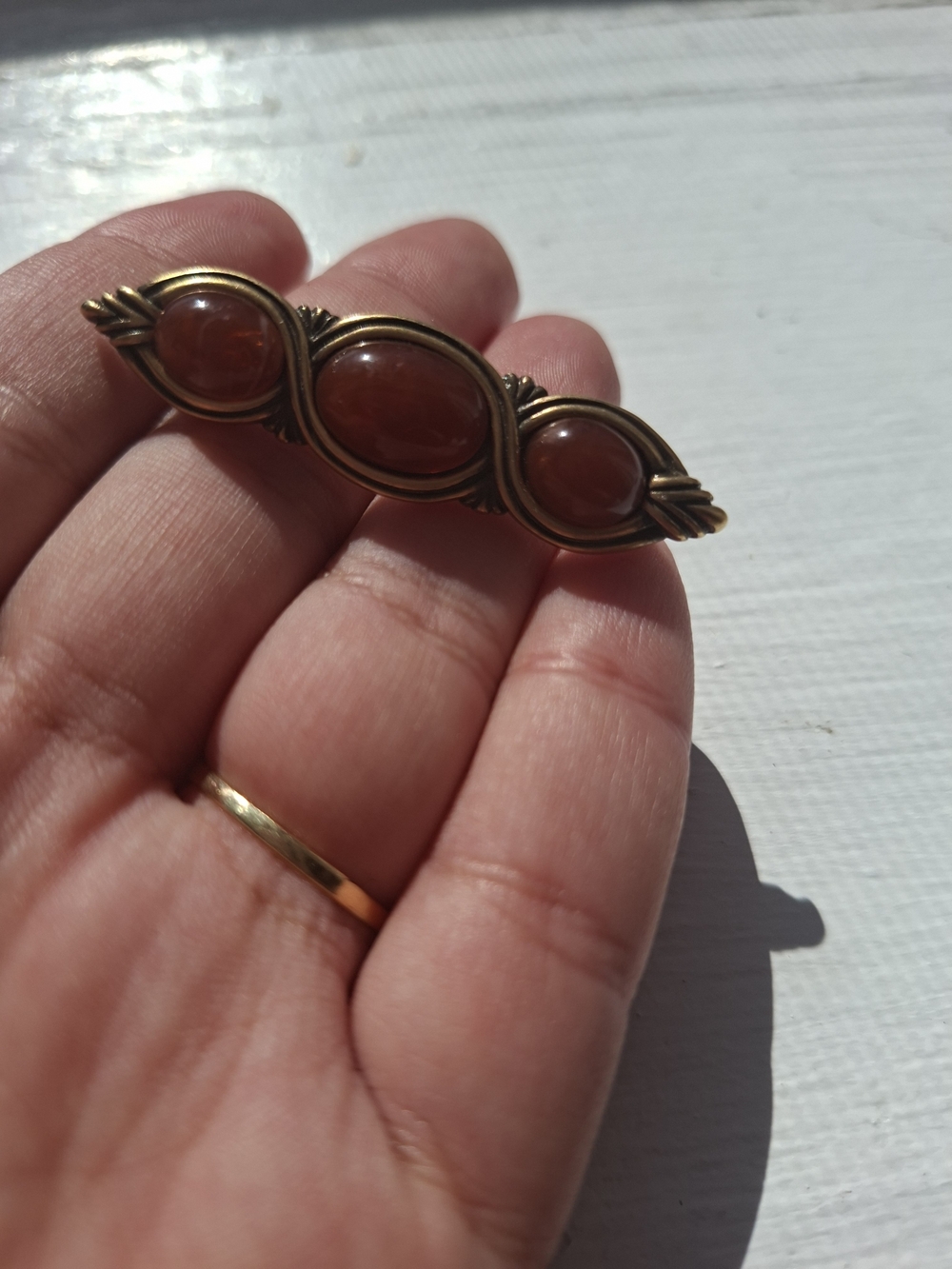 Vintage Gold Bar Monet Pin with Brown Cabochon Stones